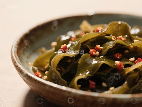 海带拌菜，点缀红椒与芝麻
