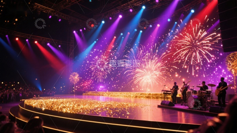 高清大图下载【趣麦麦图】舞台烟花表演，乐队现场演奏