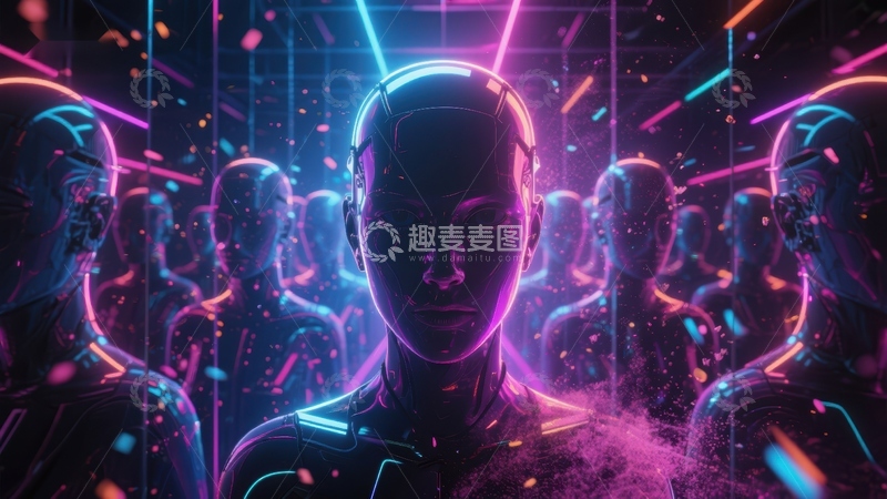 高清大图下载【趣麦麦图】霓虹光影中的人形机器人
