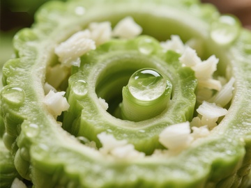 苦瓜切片上的水滴特写