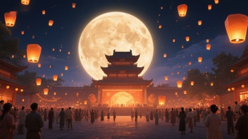 满月夜下的传统建筑与灯笼