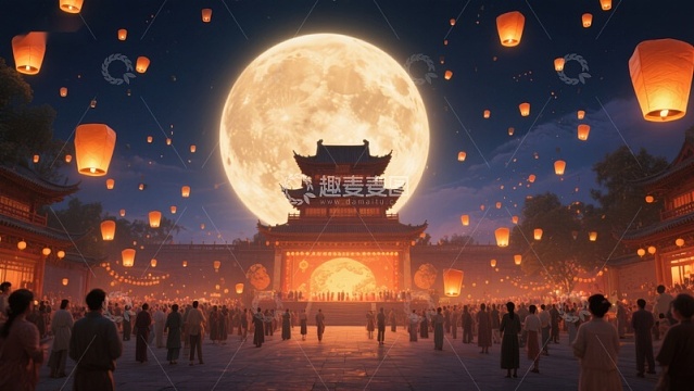 满月夜下的传统建筑与灯笼