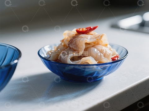 蓝色碗中的腌制鱿鱼丝