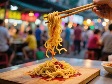 夜市美食：筷子夹起热辣面条