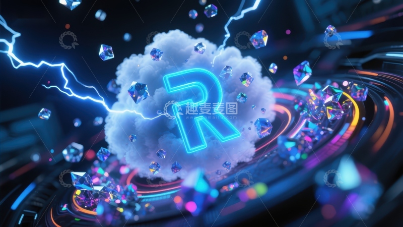 高清大图下载【趣麦麦图】霓虹字母'R'与闪电环绕的云朵