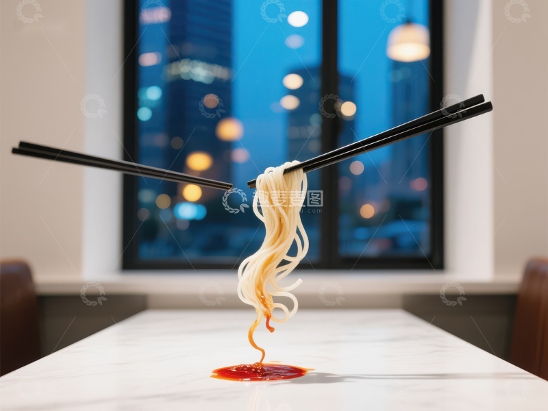 高清大图下载【趣麦麦图】筷子夹起面条，背景城市夜景