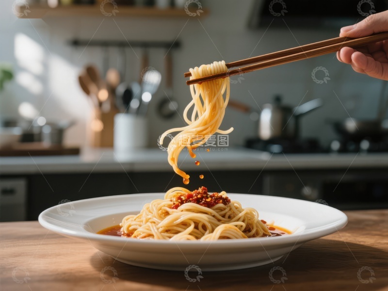 高清大图下载【趣麦麦图】筷子夹起热腾腾的面条