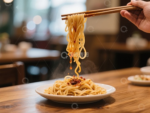热气腾腾的面条被筷子夹起
