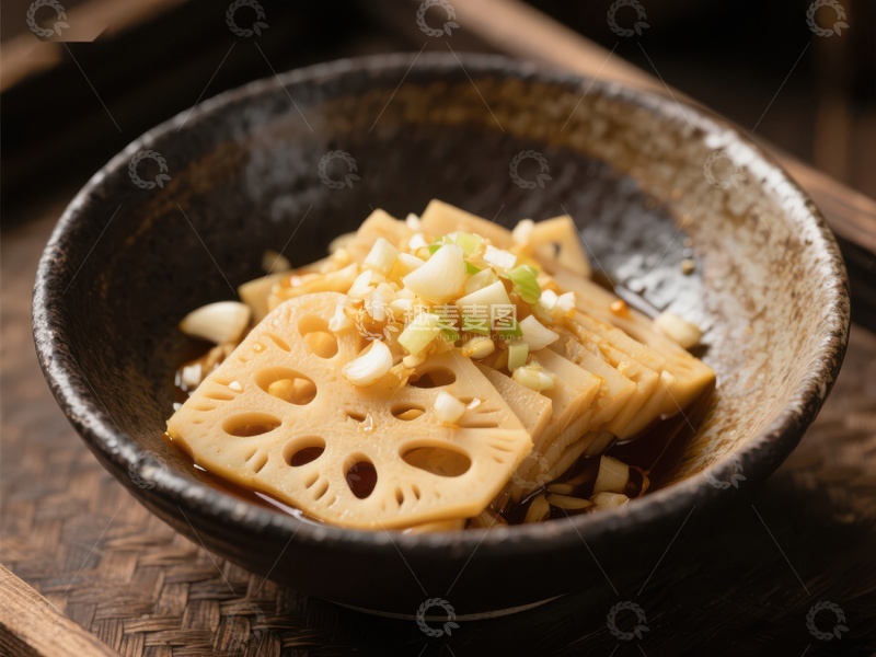 高清大图下载【趣麦麦图】莲藕片配葱花，古朴碗中呈现