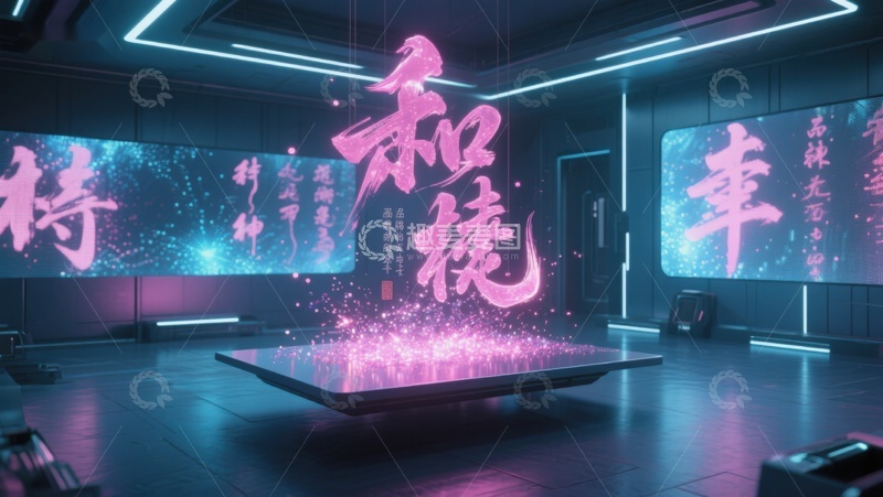 高清大图下载【趣麦麦图】未来科技空间中的汉字艺术展示