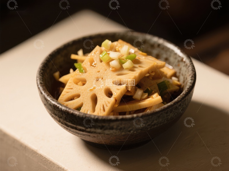 高清大图下载【趣麦麦图】莲藕片配葱花，盛于陶瓷碗中