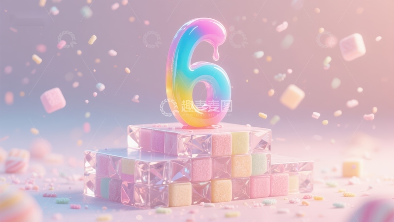 高清大图下载【趣麦麦图】彩虹数字六与糖果方块的梦幻场景