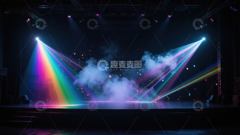 高清大图下载【趣麦麦图】舞台灯光秀，彩虹光束与烟雾效果