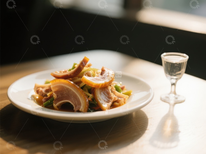 高清大图下载【趣麦麦图】精致盘中的美味菜肴与小酒杯