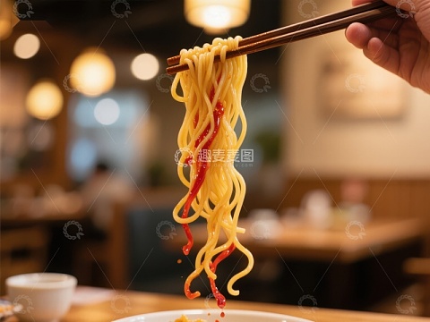 筷子夹起热辣面条