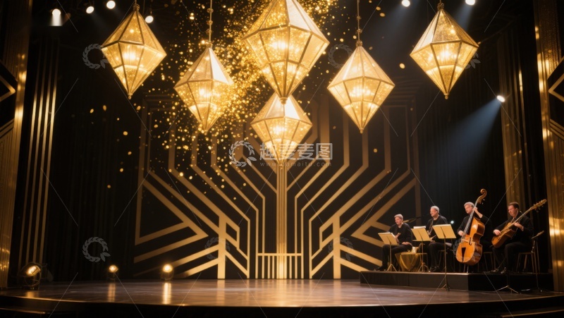 高清大图下载【趣麦麦图】金色舞台上的弦乐四重奏表演