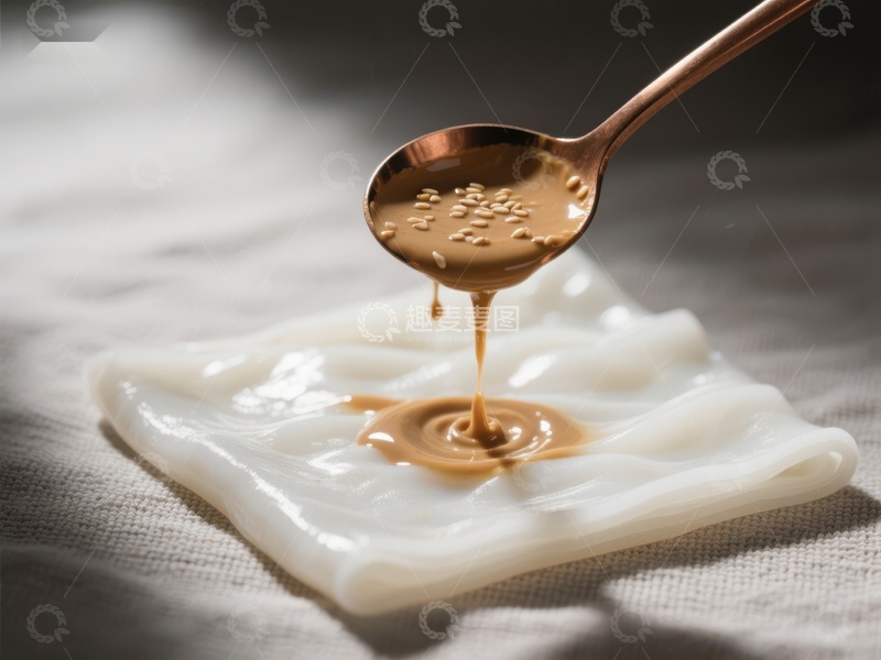 高清大图下载【趣麦麦图】勺子倾倒浓稠液体于白色布料