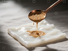 勺子倾倒浓稠液体于白色布料