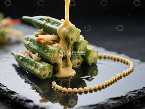 秋葵配酱汁，精致摆盘