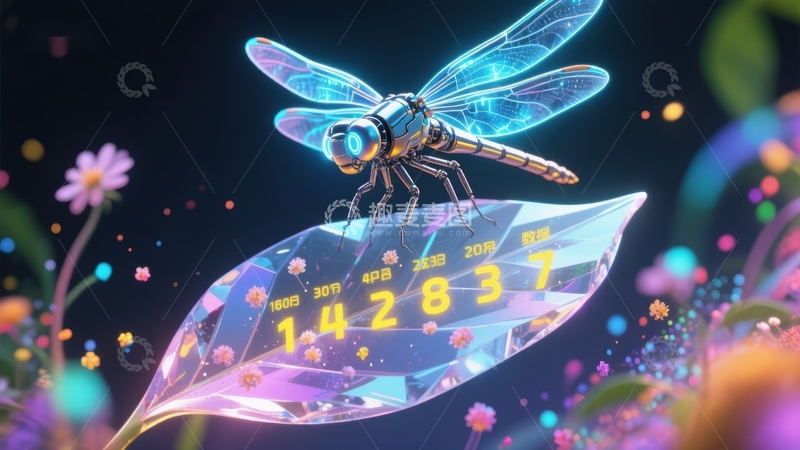 高清大图下载【趣麦麦图】科技蜻蜓栖息于数字叶片之上