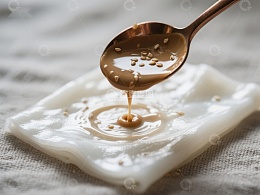 勺子倾倒酱汁于白色布料上