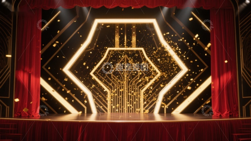 高清大图下载【趣麦麦图】华丽舞台背景，金色灯光与红色帷幕