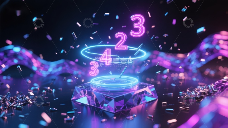 高清大图下载【趣麦麦图】霓虹数字旋转于水晶基座之上