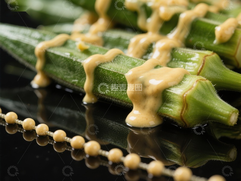 高清大图下载【趣麦麦图】秋葵配酱汁，黑面盘上摆放