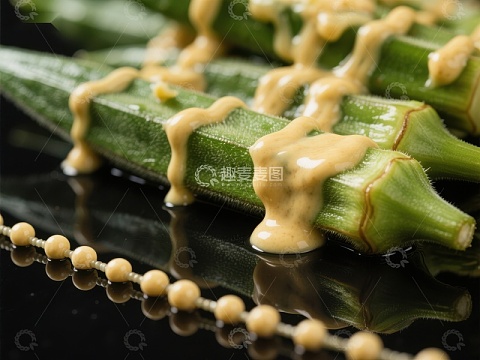 秋葵配酱汁，黑面盘上摆放
