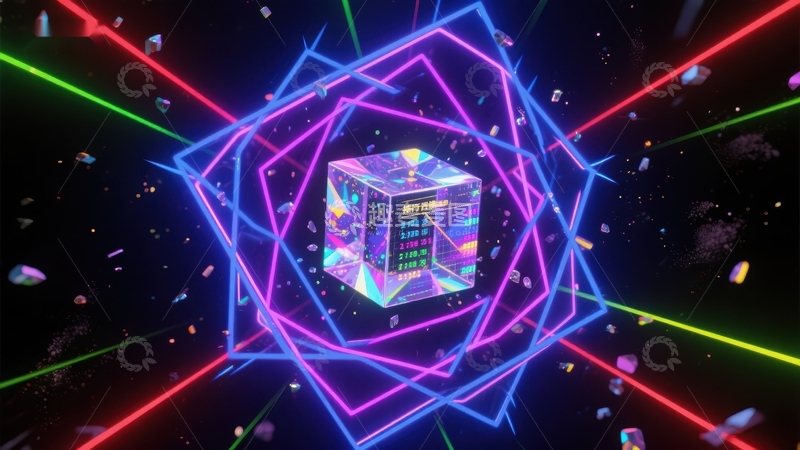 高清大图下载【趣麦麦图】霓虹光束环绕的透明立方体