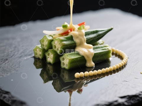 秋葵配酱汁，精致摆盘