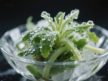 冰镇绿叶蔬菜，水珠点缀