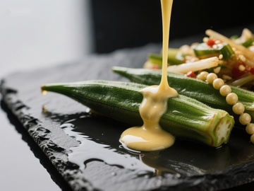 秋葵配酱汁，精致摆盘