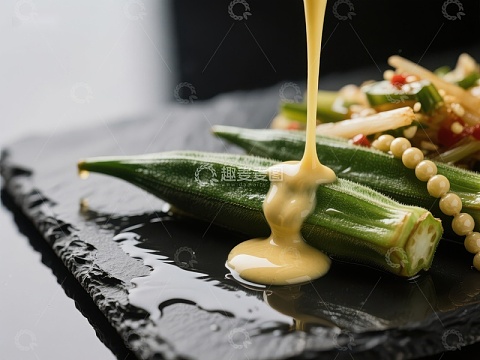 秋葵配酱汁，精致摆盘