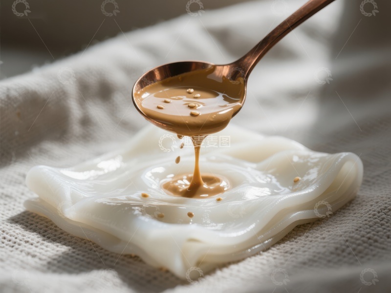 高清大图下载【趣麦麦图】勺子舀起浓郁酱汁，滴落于白色布料