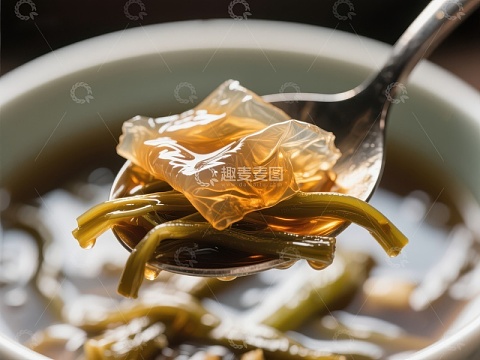 透明汤羹中的海带与蔬菜