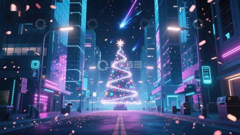 高清大图下载【趣麦麦图】霓虹都市中的圣诞树