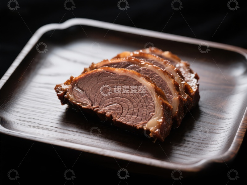 高清大图下载【趣麦麦图】精致切片肉食，置于深色木质盘中