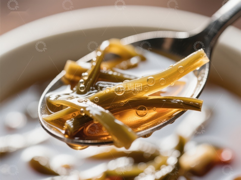 高清大图下载【趣麦麦图】-勺中热汤，细长食材浸润其中