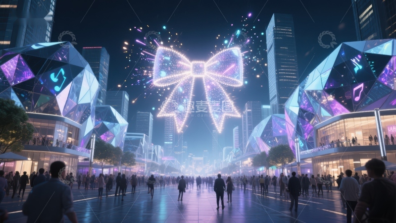 高清大图下载【趣麦麦图】未来城市夜景与巨型光雕蝴蝶结