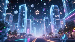 霓虹都市夜景，星光与雪花点缀