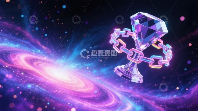 高清大图下载【趣麦麦图】链环环绕的水晶奖杯与星系背景