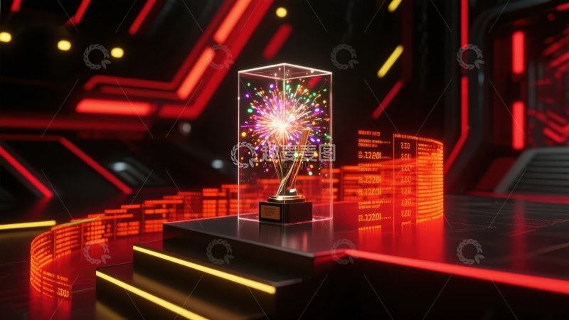 高清大图下载【趣麦麦图】科技舞台上的奖杯与烟花
