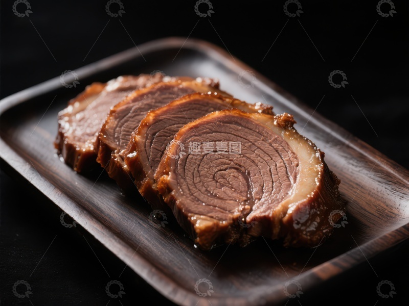 高清大图下载【趣麦麦图】精致切片肉食，摆放在深色木质盘中
