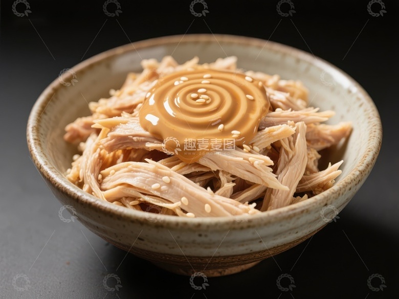 碗中淋有酱汁的撕碎鸡肉