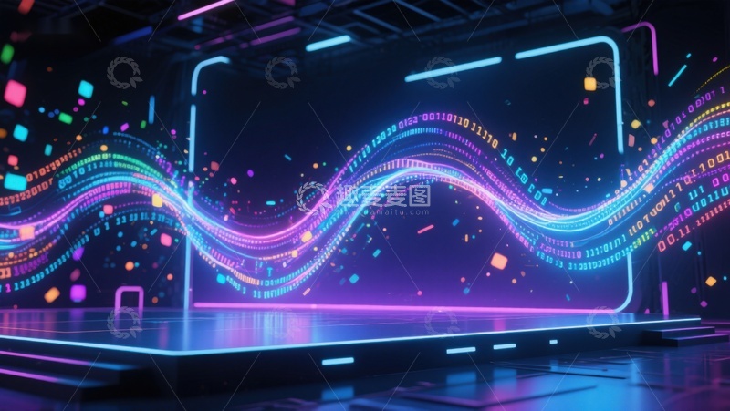高清大图下载【趣麦麦图】数字波浪与霓虹光影的科技舞台