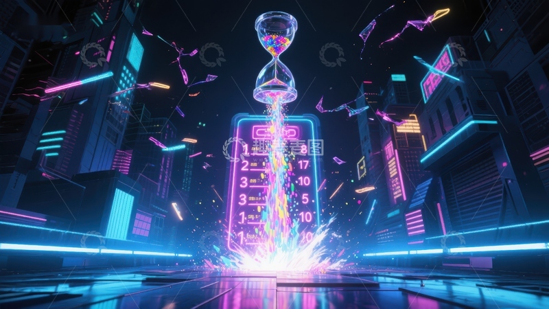 高清大图下载【趣麦麦图】霓虹都市中的沙漏倒计时