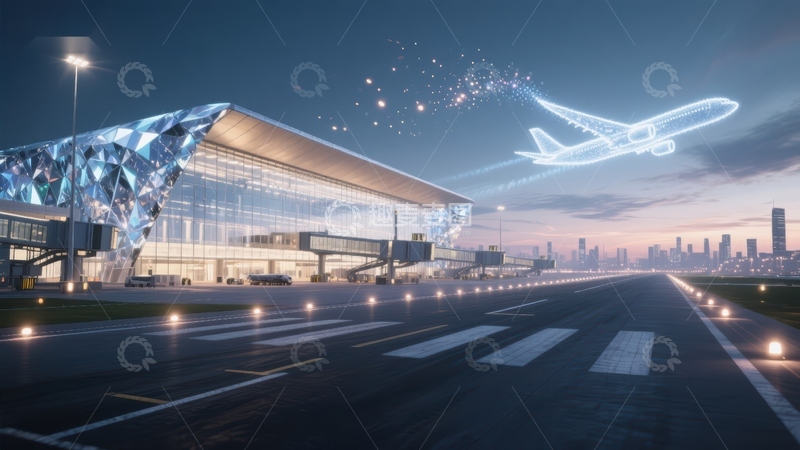 高清大图下载【趣麦麦图】现代化机场夜景与起飞飞机