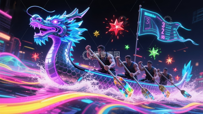 高清大图下载【趣麦麦图】霓虹龙舟赛夜景