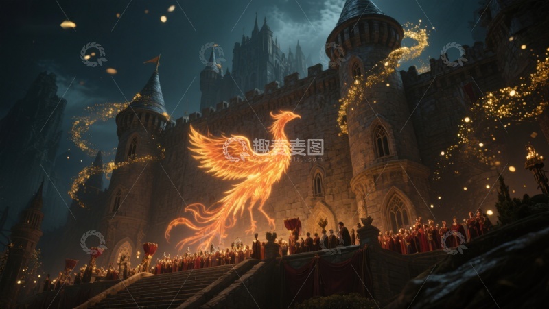 高清大图下载【趣麦麦图】凤凰飞舞于古老城堡之上